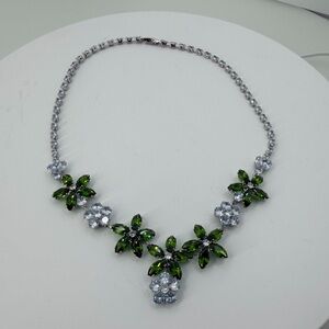 Statement Green Floral Necklace – Peridot-Color CZ & Crystal – 18”